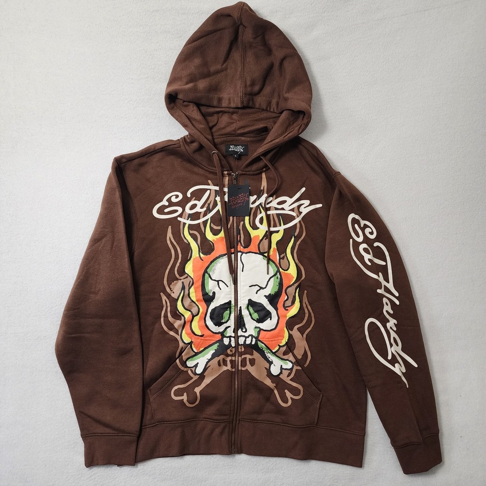 Ed Hardy Hoodie Mens Large Brown Skull Flames Skater Grunge Y2k Full Zip Tattoo